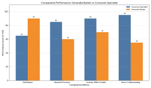 comparison of generalist vs consumer specialist investment bankers showing valuation and deal efficiency differences